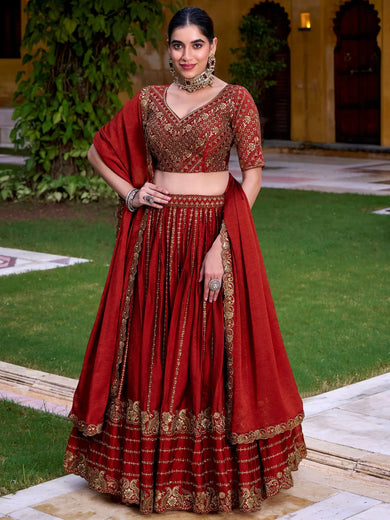 Excellent Red Sequins Silk Wedding Lehenga Choli With Dupatta